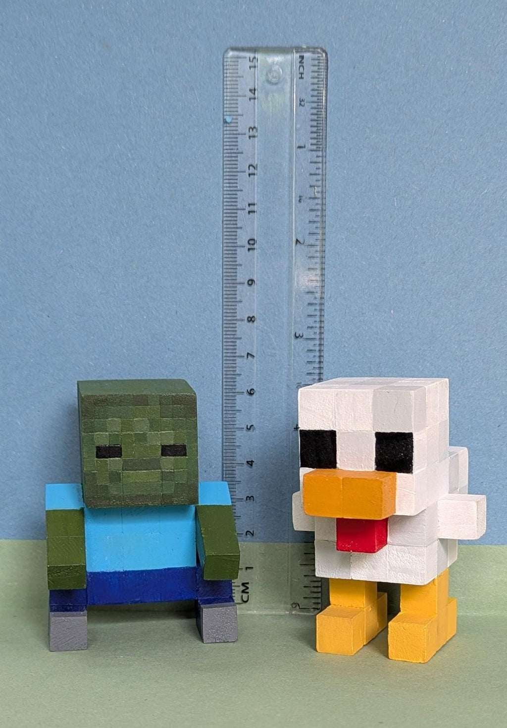 Chicken Jockey inspired by A Minecraft Movie. Wooden block hand painted baby zombie and chicken.