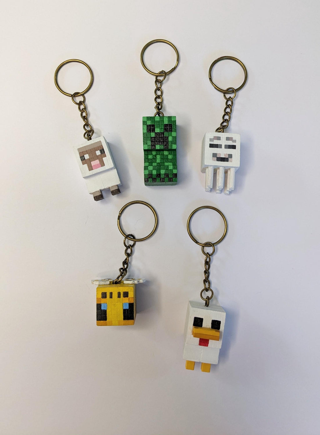 Minecraft Inspired Wooden Keyrings – Handmade & Hand-Painted, Creeper, Bee, Chicken, Sheep and Ghast