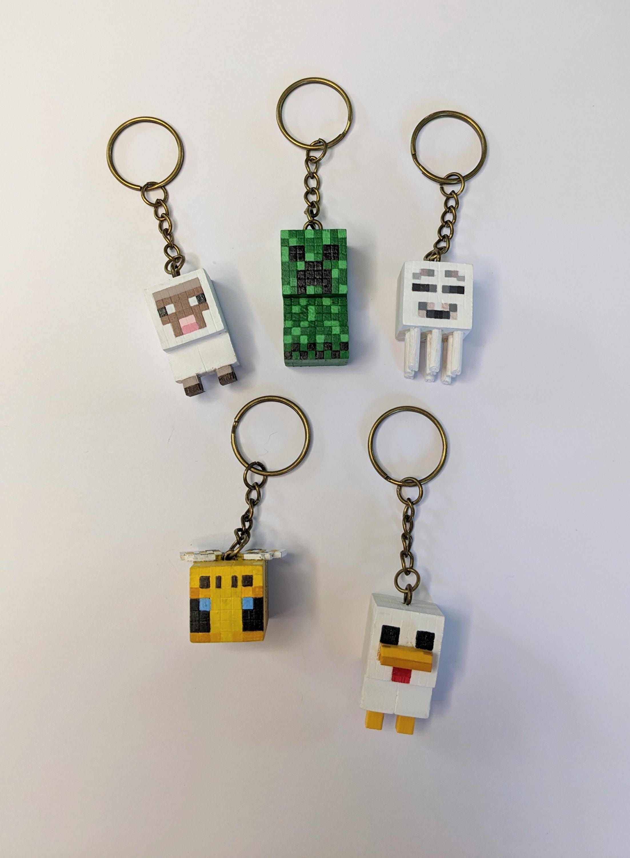Minecraft Inspired Wooden Keyrings – Handmade & Hand-Painted, Creeper, Bee, Chicken, Sheep and Ghast