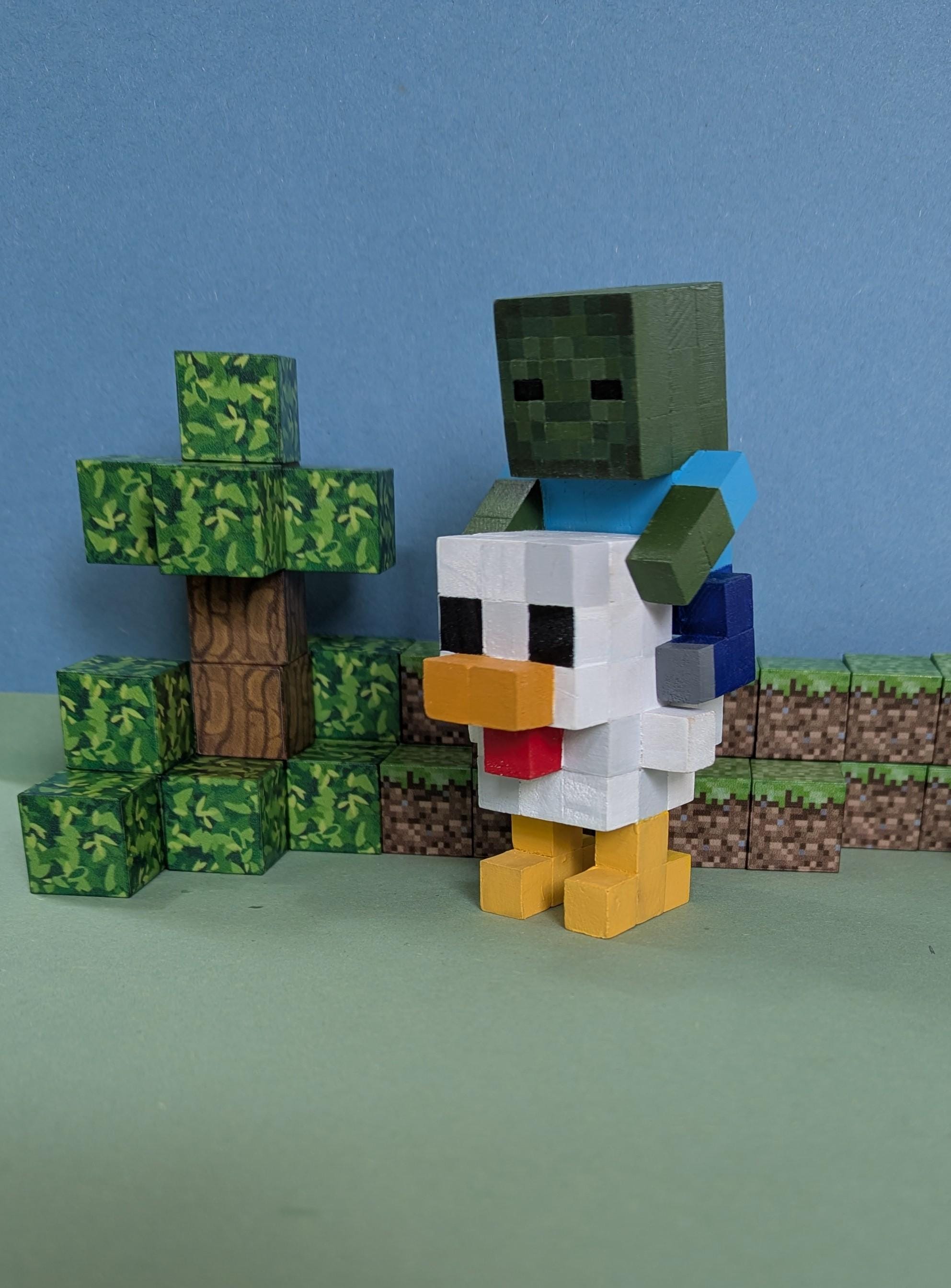Chicken Jockey inspired by A Minecraft Movie. Wooden block hand painted baby zombie and chicken.
