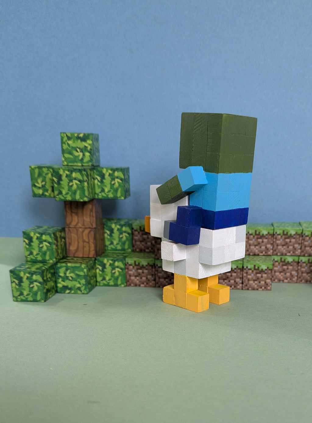 Chicken Jockey inspired by A Minecraft Movie. Wooden block hand painted baby zombie and chicken.