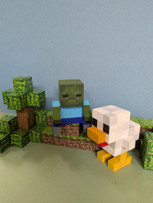 Chicken Jockey inspired by A Minecraft Movie. Wooden block hand painted baby zombie and chicken.