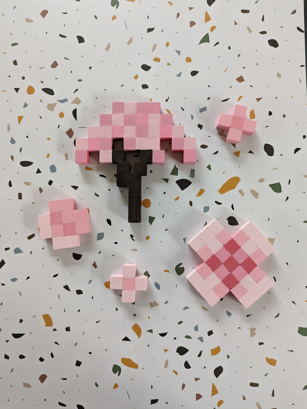 Wooden block Minecraft inspired hand painted wall art Cherry Tree and 4 blossom flowers