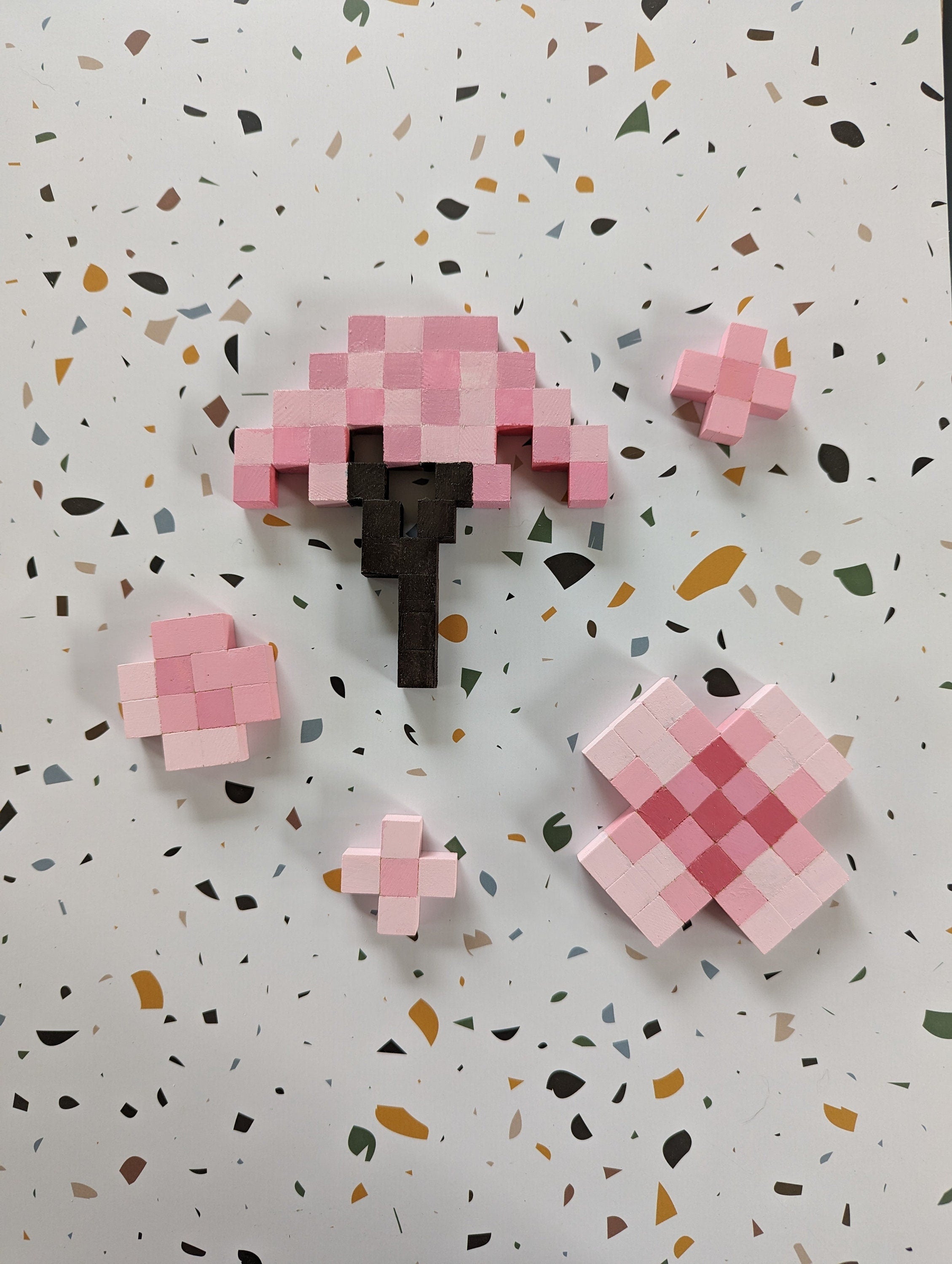 Wooden block Minecraft inspired hand painted wall art Cherry Tree and 4 blossom flowers