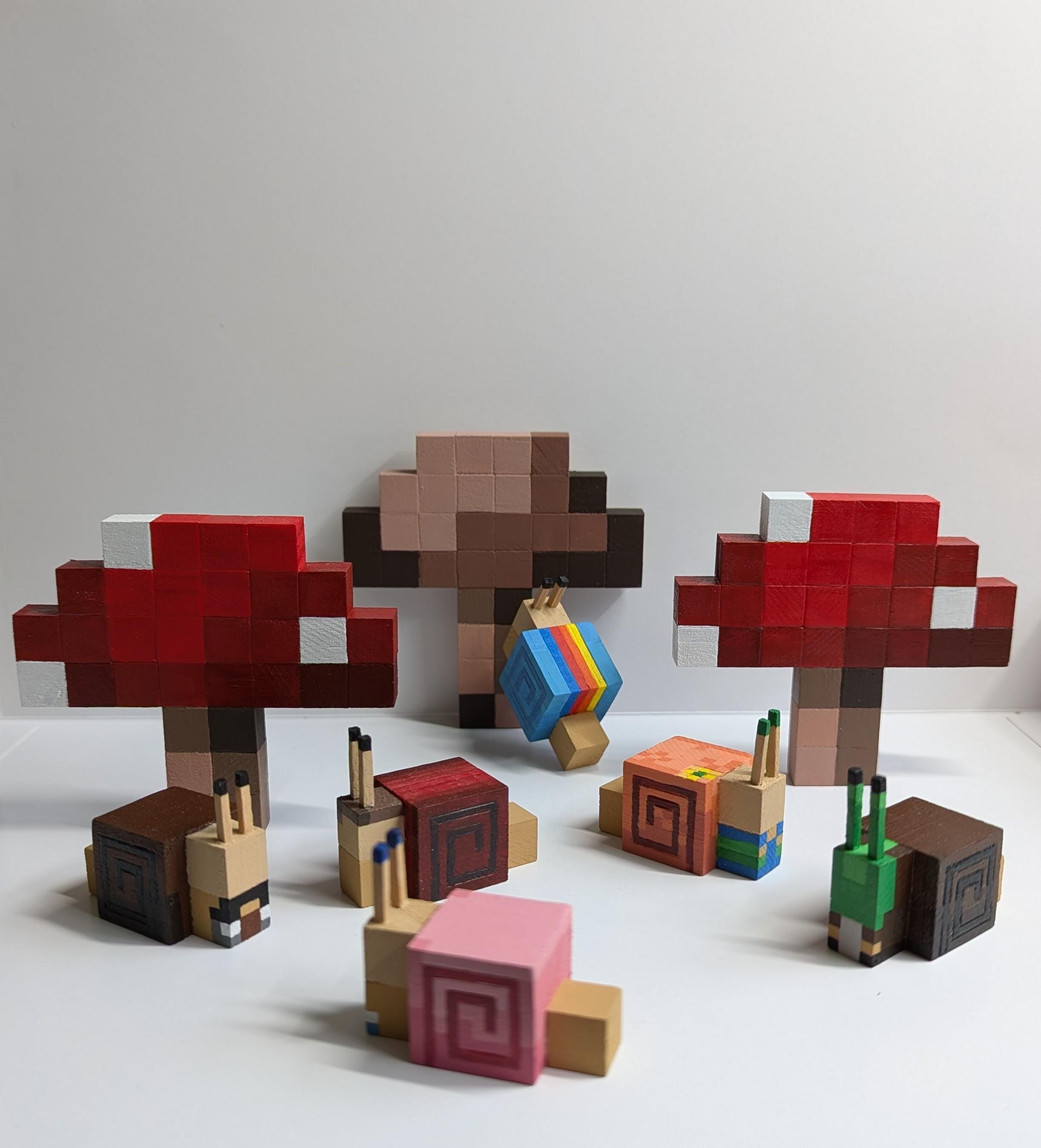 Wooden block Minecraft wall art, set of 3 hand painted mushrooms