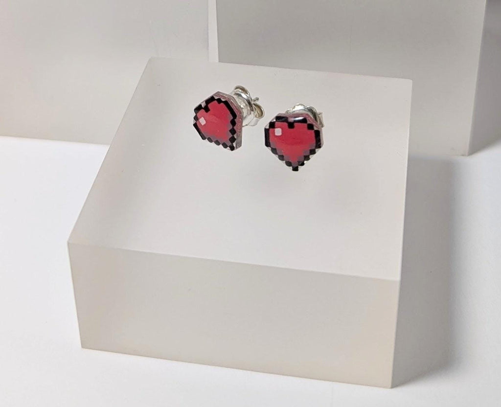 Pixel Heart Stud Earrings ~ Sterling Silver ~ Handmade Gamer Gift for Her on Valentines day