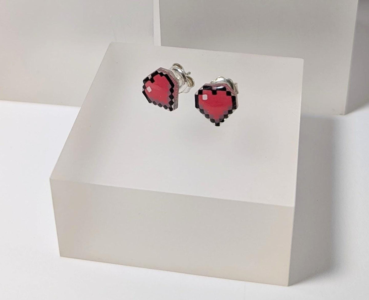 Pixel Heart Stud Earrings ~ Sterling Silver ~ Handmade Gamer Gift for Her on Valentines day