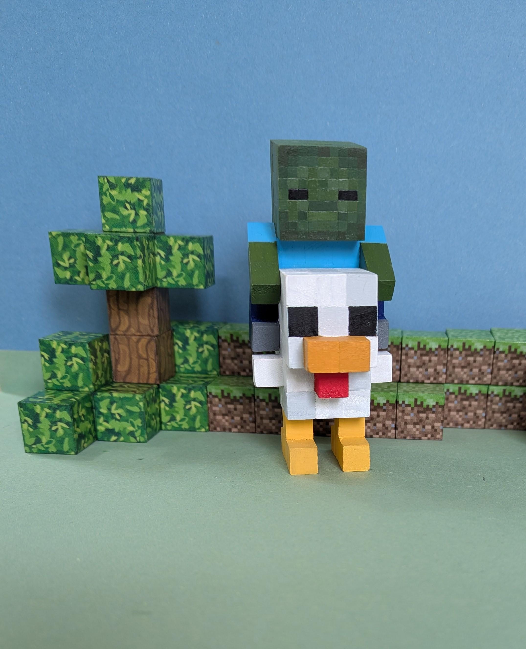 Chicken Jockey inspired by A Minecraft Movie. Wooden block hand painted baby zombie and chicken.