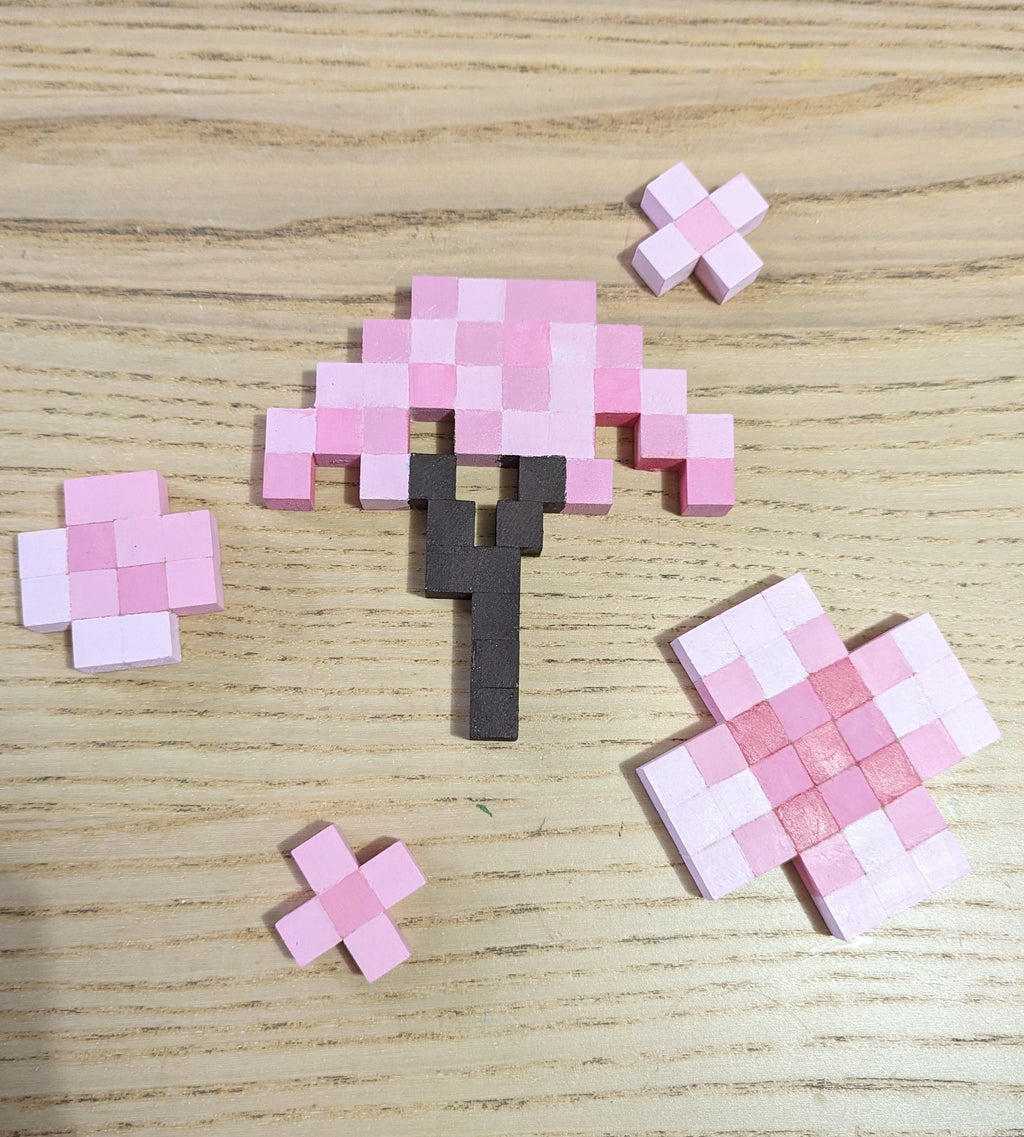 Wooden block Minecraft inspired hand painted wall art Cherry Tree and 4 blossom flowers