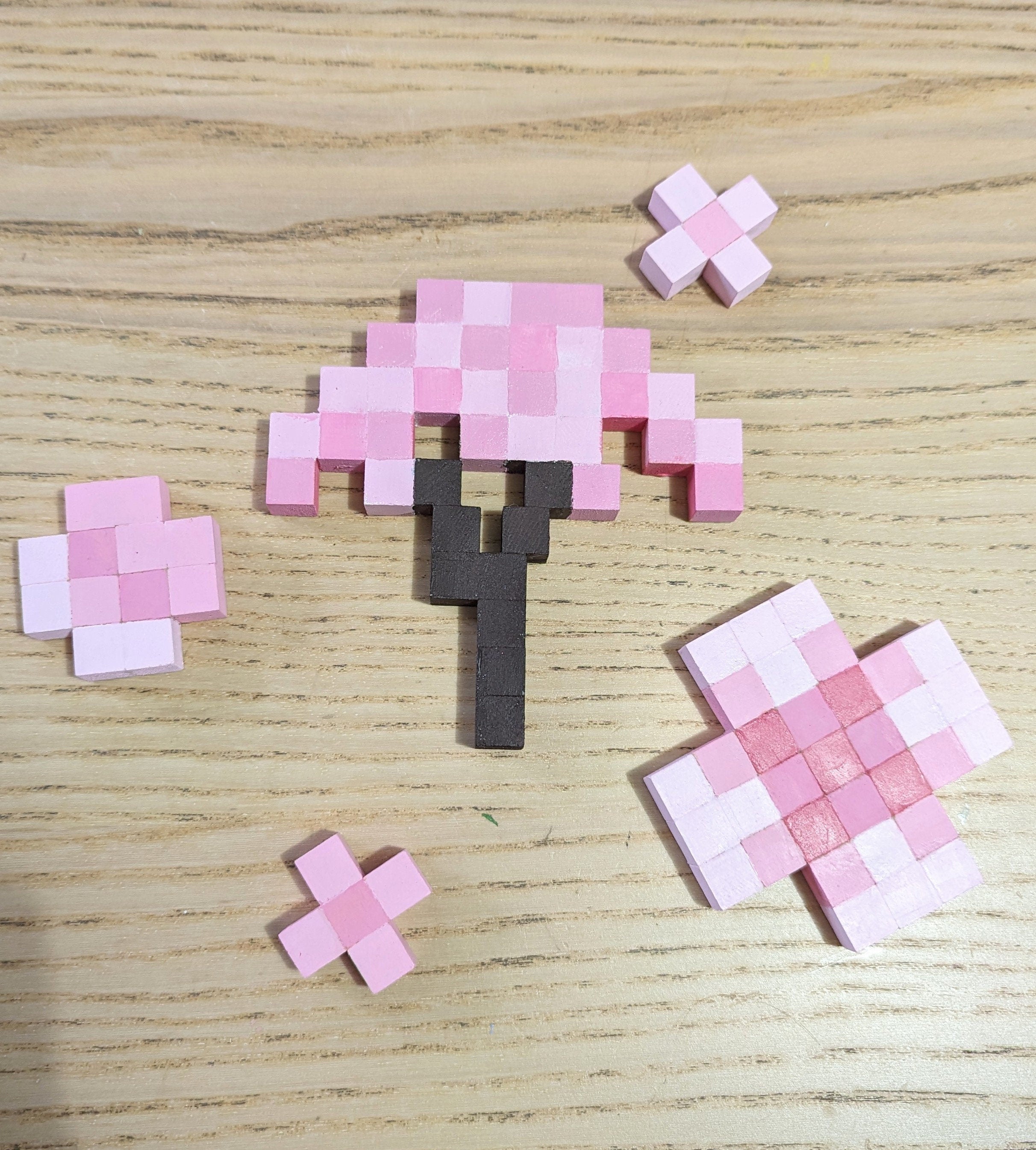Wooden block Minecraft inspired hand painted wall art Cherry Tree and 4 blossom flowers