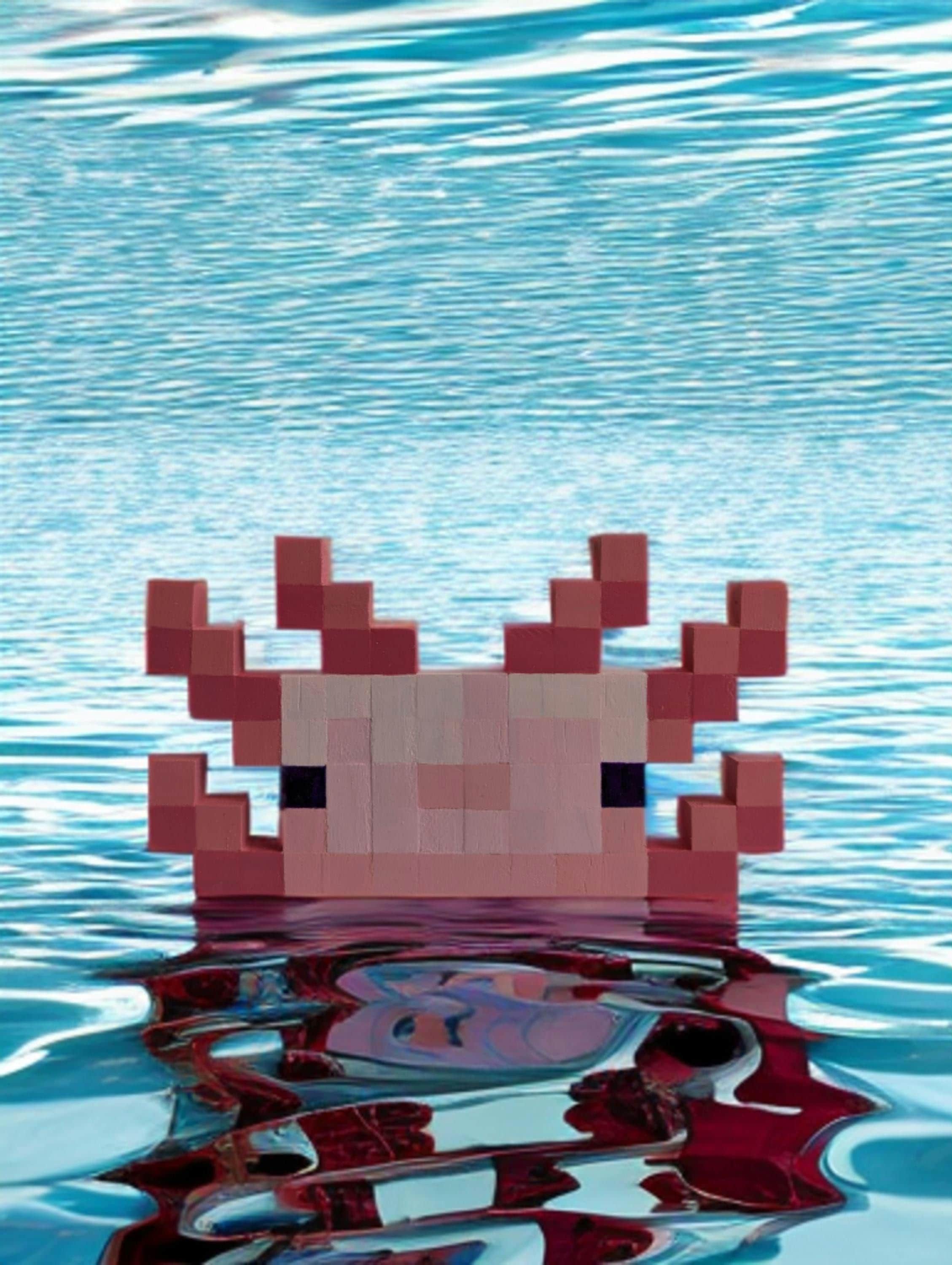 Wooden block Minecraft inspired hand painted Axolotl face.
