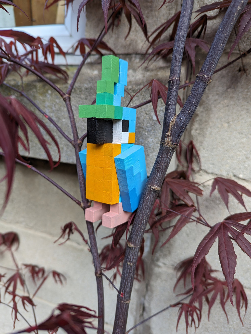 Wooden block Minecraft inspired hand painted Blue Macaw, parrot/bird.