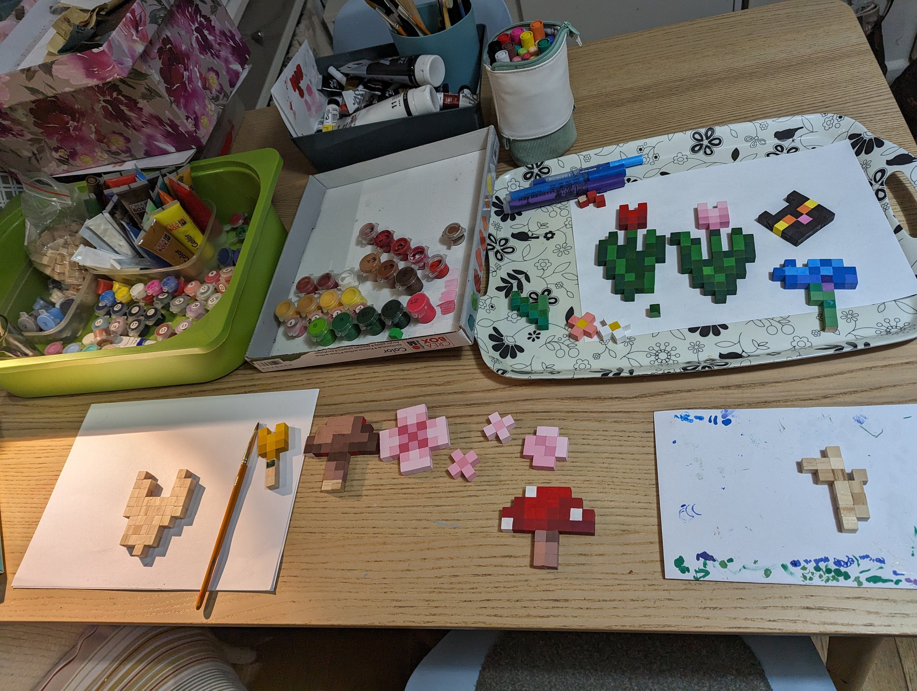 Wooden block Minecraft wall art, set of 3 hand painted mushrooms
