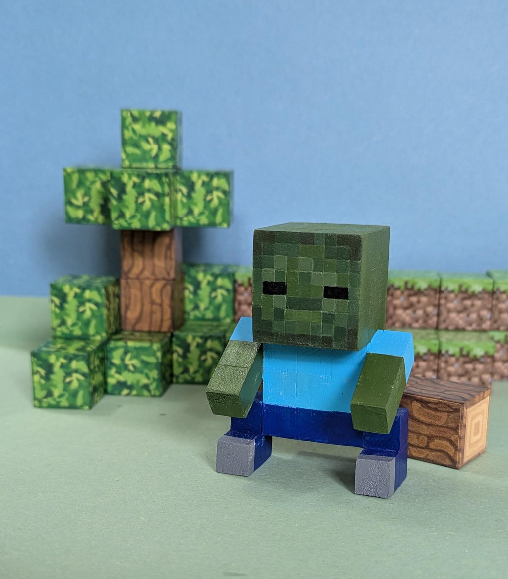 Chicken Jockey inspired by A Minecraft Movie. Wooden block hand painted baby zombie and chicken.