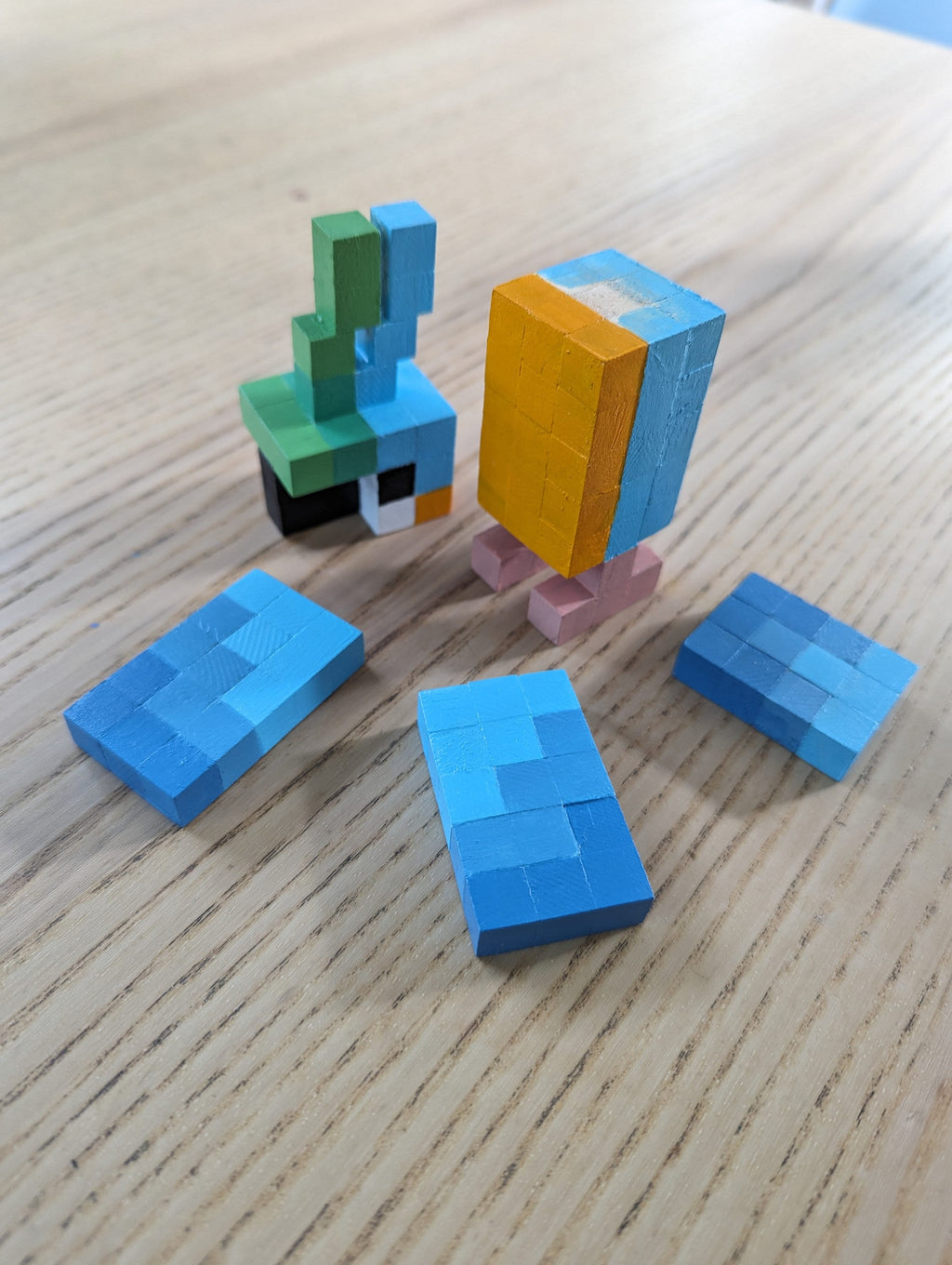 Wooden block Minecraft inspired hand painted Blue Macaw, parrot/bird.