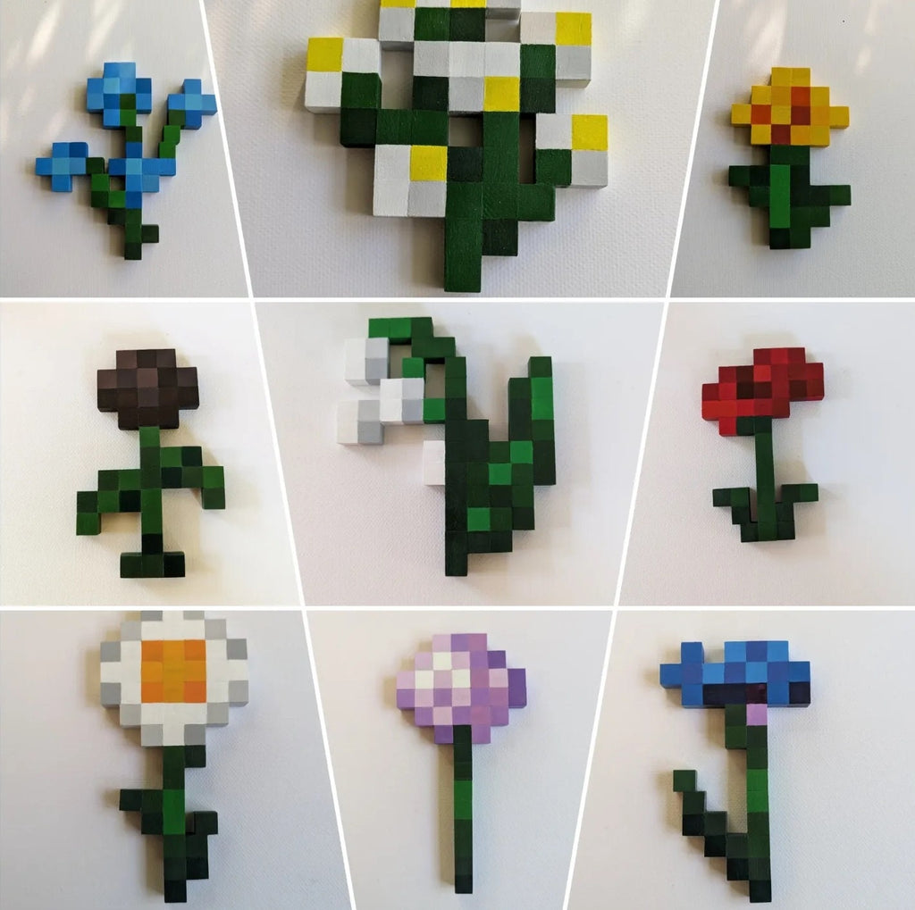 Handcrafted Minecraft Flowers Wall Art - Small Wooden Pixel Art Decor